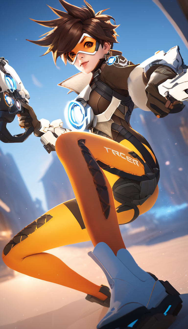 breathtaking Cinematic scene, hero view, Tracer, Overwatch <lora:tracer_xl_v1:1>, action pose, detailed background, masterpiece, best quality, high quality, highres, absurdres . award-winning, professional, highly detailed
