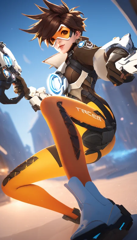 breathtaking Cinematic scene, hero view, Tracer, Overwatch <lora:tracer_xl_v1:1>, action pose, detailed background, masterpiece, best quality, high quality, highres, absurdres . award-winning, professional, highly detailed