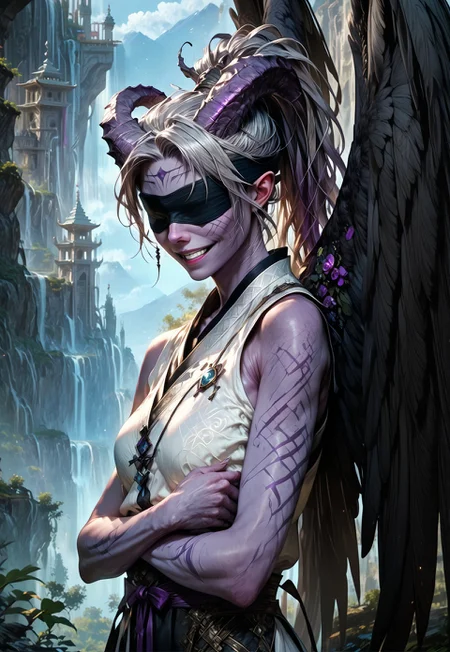 (absurdres, best quality, masterpiece:1.4),
score_9, score_8_up, score_7_up, score_6_up,
detailed,
detailed body,
detailed face,
(((smooth skin, unbroken skin, detailed skin))),
fantasy,
alone,
female,
tiefling,
h0rns,
ram horns,
black horns,
tall,
((((purple skin)))),
((long grey hair, ponytail)),
(((wingsd, black wings))),
crossed arms, arms across stomach,
soft smile,
(white robe, sleeveless,
blindfold, black cloth blindfold),
depth of field,
outdoors,
mountain temple,
upper body,
front view,