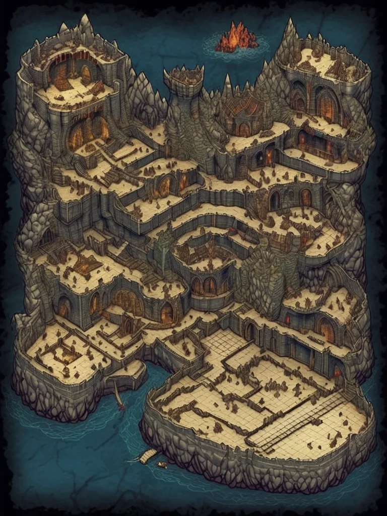 a dungeon map for an adventure titled "Lair of the Dragon", d&d, fantasy, isometric battle map, csu, traditional media, diagram