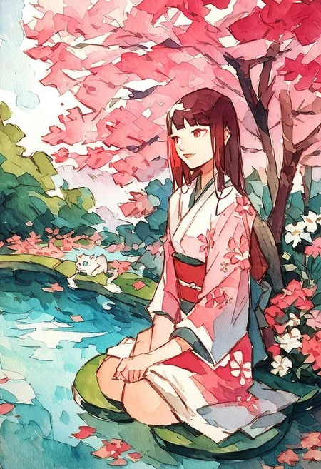 score_9, score_8_up, score_7_up, score_6_up, watercolor painting, japanese calligraphy, 1woman, human Japanese woman sitting, cat, flowers, sakura tree, pink leaves, pond