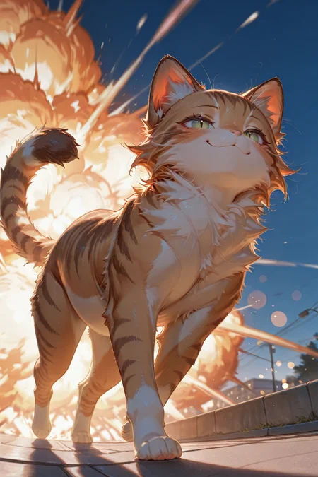 masterpiece,best quality,anime, outside, sidewalk, low angle view, from below, sky, bokeh, (large explosion in background) ,Tabby cat, orange fur, smug face, chubby, walking towards viewer, tail up, looking ahead, cute, fluffy, (feral), strutting, confident,<lora:FleeceFade:0.7>,<lora:cunnyfunkystyle:0.3>,cunnyfunkystyle,<lora:MatteSkin_Illustrious_v4:1>,