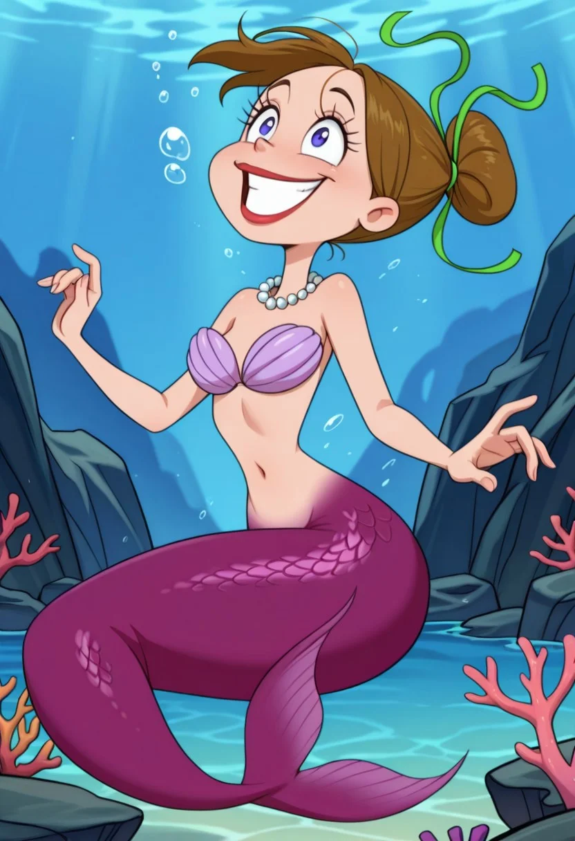 detailed background, solo, 1girl, FtpdMermaid, mermaid, red lipstick, brown hair in a bun, green hair tie, pearl necklace, purple shell bra, purple mermaid tail, smiling, (((expressive))), head movement, tail shown, solo, ((body movement, hand movement)), underwater, sea life, coral, detailed sea scenery, bubbles, detailed scenery, masterpiece, best quality, amazing quality, absurdres, newest, high res, ultra detailed, best quality, best artwork, detailed eyes, (eyes focus), perfect eyes, big iris, pupils visible, 4k, ultra quality, perfect face