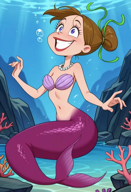 detailed background, solo, 1girl, FtpdMermaid, mermaid, red lipstick, brown hair in a bun, green hair tie, pearl necklace, purple shell bra, purple mermaid tail, smiling, (((expressive))), head movement, tail shown, solo, ((body movement, hand movement)), underwater, sea life, coral, detailed sea scenery, bubbles, detailed scenery, masterpiece, best quality, amazing quality, absurdres, newest, high res, ultra detailed, best quality, best artwork, detailed eyes, (eyes focus), perfect eyes, big iris, pupils visible, 4k, ultra quality, perfect face