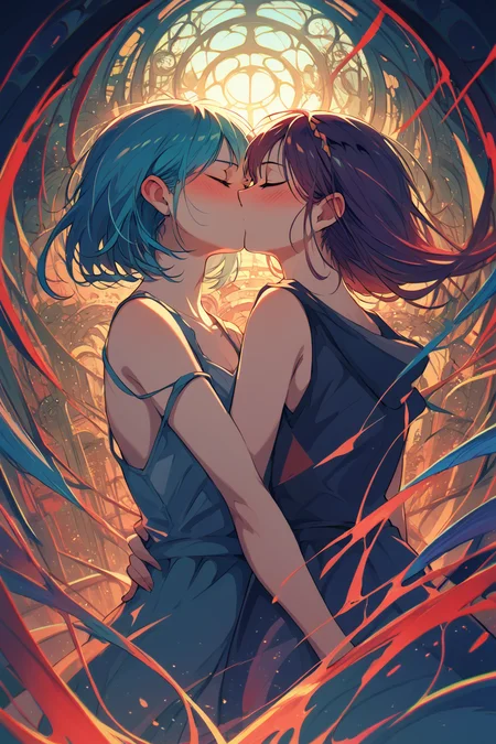 PDXL, source_anime, <lora:BerryVerrineV1-PDXL:1>, b3rryv3rr1ne,
2girls, closed eyes, blushing, kissing,
(surreal)