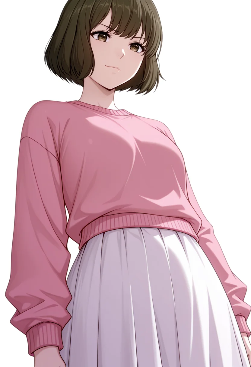 masterpiece,high quality details, absurdres,
<lora:Akira_Dojima_V2:0.8> akira_cnr,1girl, brown hair, short hair, bob cut, bangs,brown eyes, akira_def, white skirt,pink sweater,, simple background, white background, from below,solo,, light smile,annoyed,