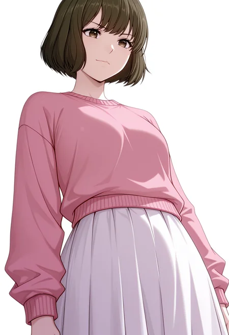 masterpiece,high quality details, absurdres,
<lora:Akira_Dojima_V2:0.8> akira_cnr,1girl, brown hair, short hair, bob cut, bangs,brown eyes, akira_def, white skirt,pink sweater,, simple background, white background, from below,solo,, light smile,annoyed,