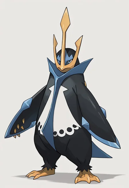 (score_9, score_8, score_7), masterwork, masterpiece, best quality, emperor01, large penguin, dark navy blue body with light blue accents, sharp yellow beak, golden trident-shaped crest on head, wide flipper-like arms with blue blade edges, white chest with six black circular markings in two rows, yellow webbed feet with claws, short pointed tail,PokeStyleMix