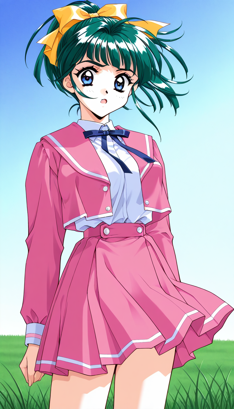 masterpiece, best quality, good quality, <lora:IijimaMiyuki_IS:1>IijimaMiyuki, 1girl, solo, green hair, short hair, ponytail, blue eyes, Yellow bow, hair bow, bangs, breasts,1990s (style),kadoi aya style, 
pink skirt, blue lin in skirt, BREAK,
school uniform, blue ribbon, frown, open mouth, ribbon, long sleeves, pink jacket, looking at viewer, shirt, grass, sky, standing, cowboy_Shot,