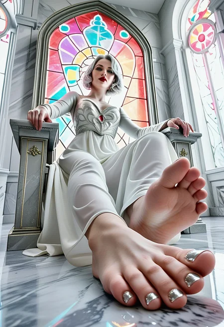 score_9, score_8_up, score_7_up, FLMGR, ctdrm, dreamy,
BREAK
1girl, from below, foot focus, solo, sitting on marble throne, full body shot, white gown, barefoot, perfect feet, perfect toenails, perfect toes, silver toenails, simple background, red lips, short hair, green eyes, pale skin, light blush, soft lighting, ethereal mood
