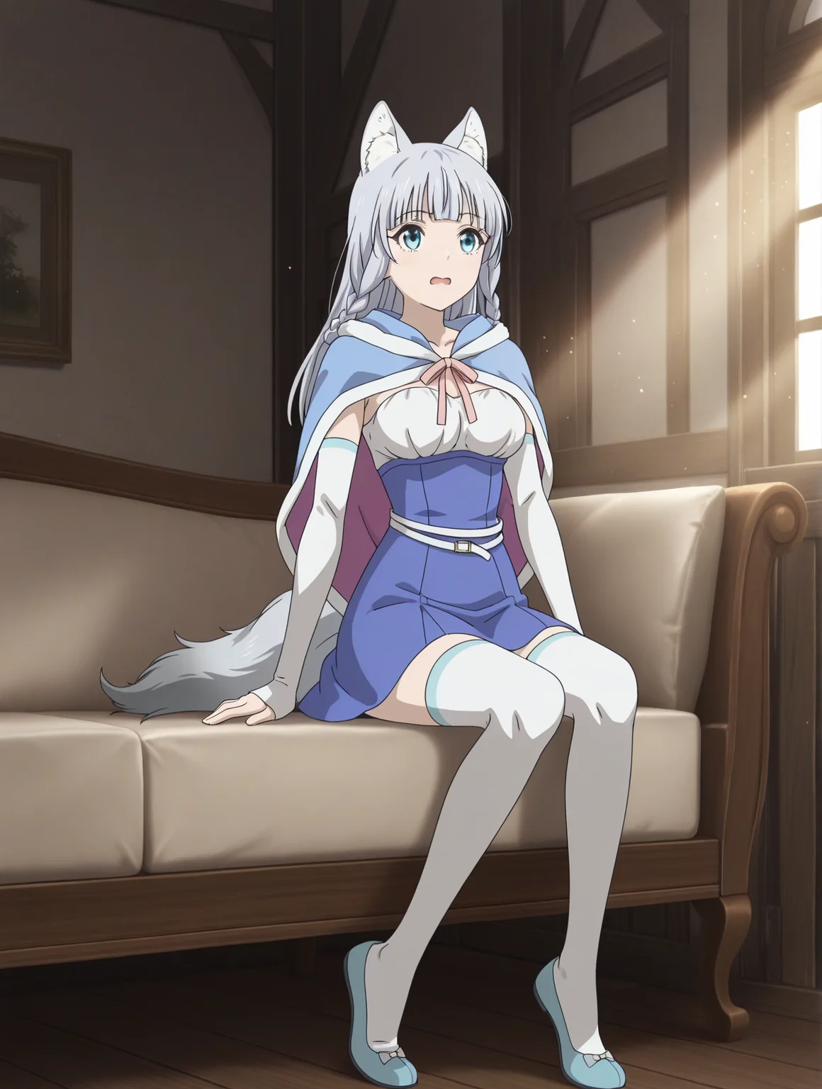 (blue capelet, blue dress, detached sleeves, white thighhighs, blue flats:1.50),
km-shigure, blue eyes, grey hair, bangs, long hair, wolf ears, wolf tail,
medium breasts, 1girl,
(masterpiece, highres, ultra-detailed,very aesthetic, best quality, absurdres, high quality, highres),
excited,
,
(feet:1.70),
BREAK,
indoors,
light particles light rays sunlight
,
(solo:0:4::0.40), (skinny:0.8),
(),
<lora:km-shigure-V04-illXL-000003:0.90>
