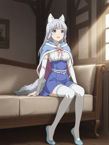 (blue capelet, blue dress, detached sleeves, white thighhighs, blue flats:1.50),
km-shigure, blue eyes, grey hair, bangs, long hair, wolf ears, wolf tail,
medium breasts, 1girl,
(masterpiece, highres, ultra-detailed,very aesthetic, best quality, absurdres, high quality, highres),
excited,
,
(feet:1.70),
BREAK,
indoors,
light particles light rays sunlight
,
(solo:0:4::0.40), (skinny:0.8),
(),
<lora:km-shigure-V04-illXL-000003:0.90>