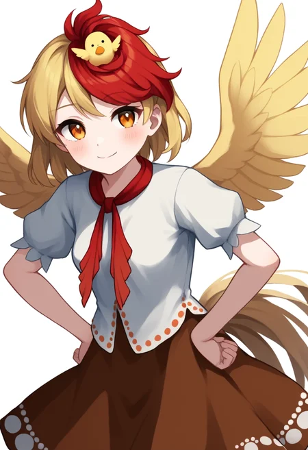 score_9,score_8_up,score_7_up,<lora:touhou_146:1>,1girl, absurdres, animal_on_head, bird, bird_wings, blonde_hair, blush, breasts, brown_skirt, chick, closed_mouth, commentary_request, cowboy_shot, hands_on_own_hips, highres, looking_at_viewer, multicolored_hair, niwatari_kutaka, on_head, orange_eyes, puffy_short_sleeves, puffy_sleeves, red_hair, red_neckwear, shirt, short_hair, short_sleeves, simple_background, skirt, small_breasts, smile, solo, standing, swept_bangs, two-tone_hair, white_background, white_shirt, wings
