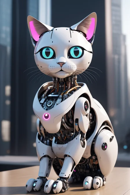 8k uhd rtx on cinematic artistic photoreal best quality high resolution, cat-shaped robot made by apple in 2069
