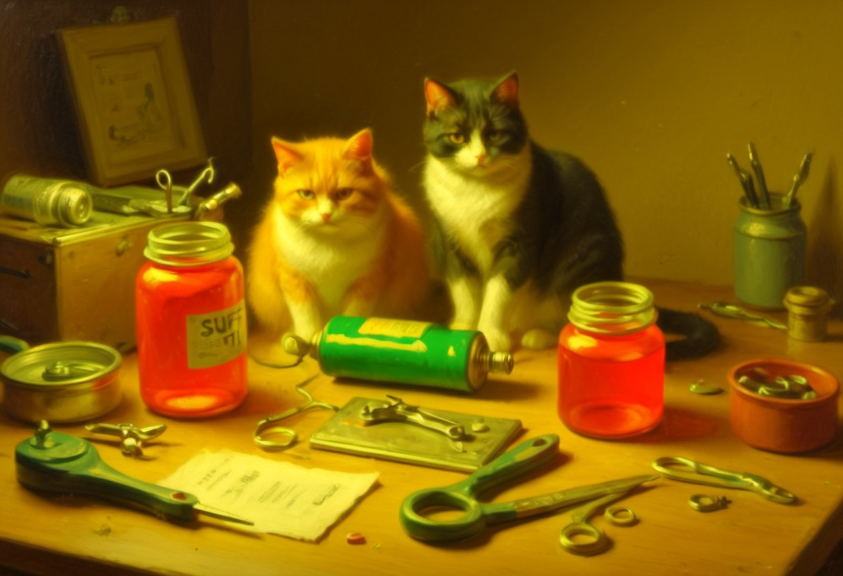 a painting of a two cats on messy workbench, orange cat, black cat, clutter, trash, soldering iron, scissors, messy workspace, cans, tools, pliers, computer parts, electronics, light bulbs, battery charger, batteries, charger, 18650, wires, boxes labeled 'stuff, tangled cables, randomness, various objects, low key, spot lighting, BREAK glass jars, green liquid, yellow goo, glass bottle, red liquid, backlit