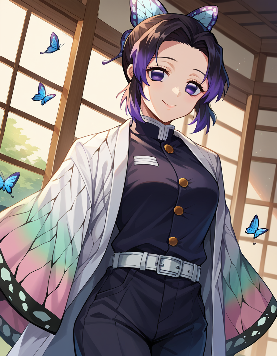 score_9, score_8_up, score_7_up, source_anime,
shinobukochou, <lora:shinobu-kochou-ponyxl-lora-nochekaiser:1>,
shinobu kochou, animal print, black hair, butterfly, butterfly hair ornament, butterfly print, forehead, gradient hair, hair ornament, haori, multicolored hair, parted bangs, purple hair, short hair, two-tone hair,
belt, black pants, butterfly print, coat, demon slayer uniform, haori, japanese clothes, pants, uniform,
indoors, smile,
looking at viewer, dutch angle, cowboy shot,