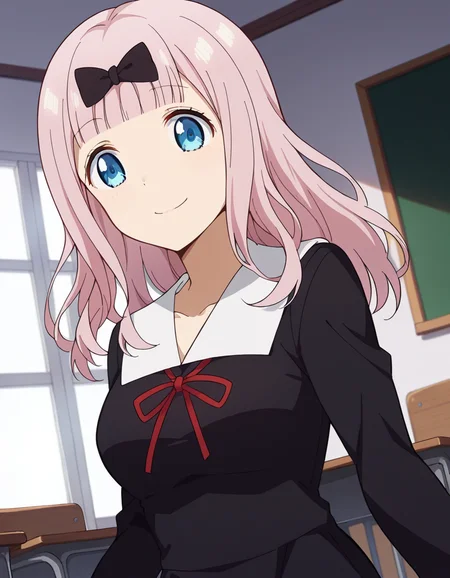 score_9, score_8_up, score_7_up, source_anime,
chikafujiwara, <lora:chika-fujiwara-s3-ponyxl-lora-nochekaiser:1>,
chika fujiwara, long hair, bangs, blue eyes, bow, pink hair, hair bow, blunt bangs, black bow, smile, mature female,
long sleeves, dress, ribbon, school uniform, collarbone, black dress, sailor collar, white sailor collar, red ribbon, neck ribbon, shuuchiin academy school uniform,
indoors, classroom,
looking at viewer, cowboy shot, dutch angle,