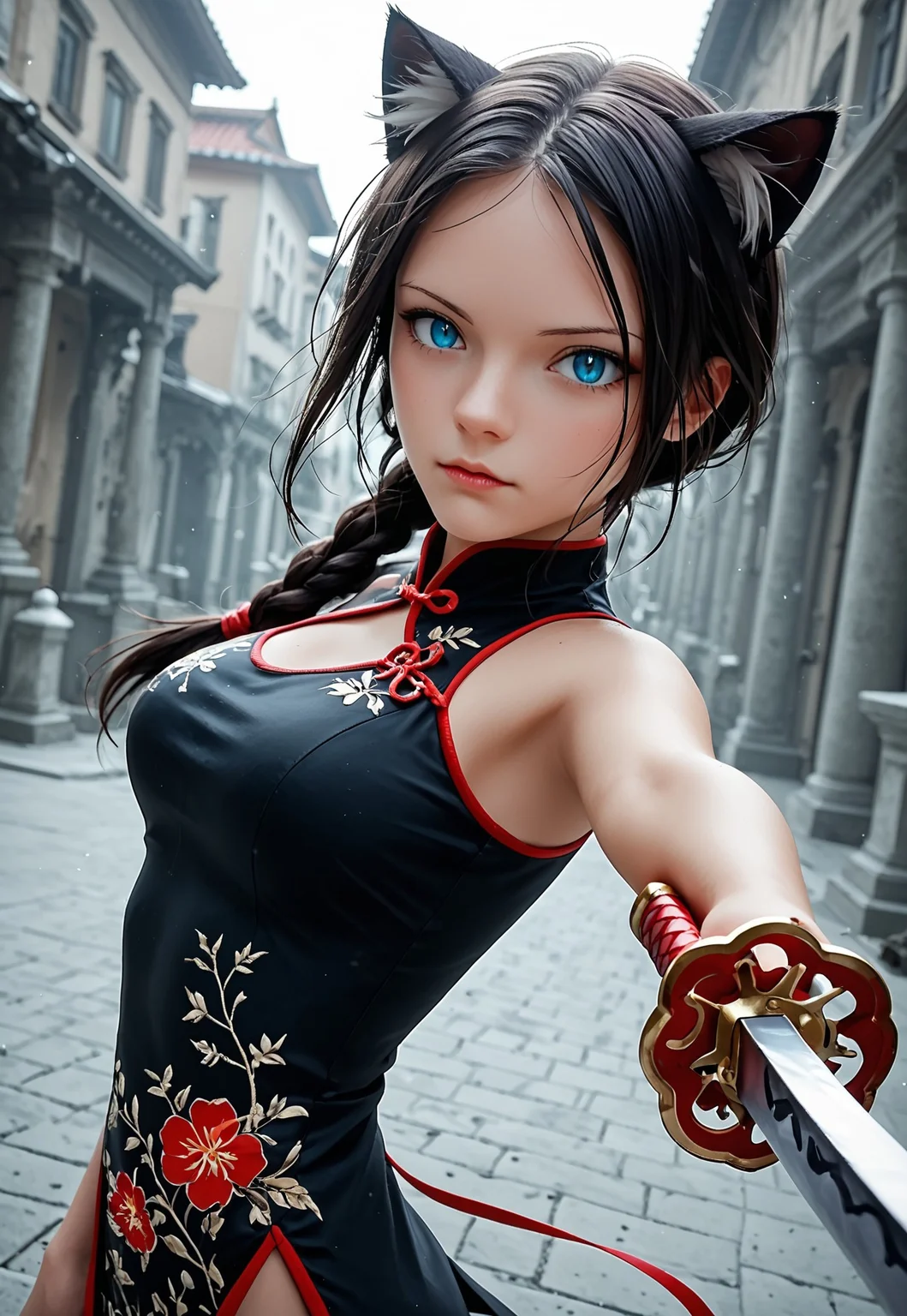 (score_9, score_8_up:1.2), score_7_up, ultra highres,absurdres, (best quality, ultra detailed),8k, Exquisite color design, BREAK
Beautiful woman, china dress, dark black hair, blue eyes, detailed face, detailed eyes,medium breasts, looking at viewer, medium shot, eye level,side view, profile view, perspective,BREAK
lilykat, cat ears, long fake fingernail, red manicure, katana, holding katana, looking at viwer, action shot
<lora:Sinozick_Style_XL_Pony:0.8> <lora:1g0rXLP:0.6> 1g0r <lora:Quality tweaker_last:-2> <lora:SyFyEye1_XL_v1.0:1.8>