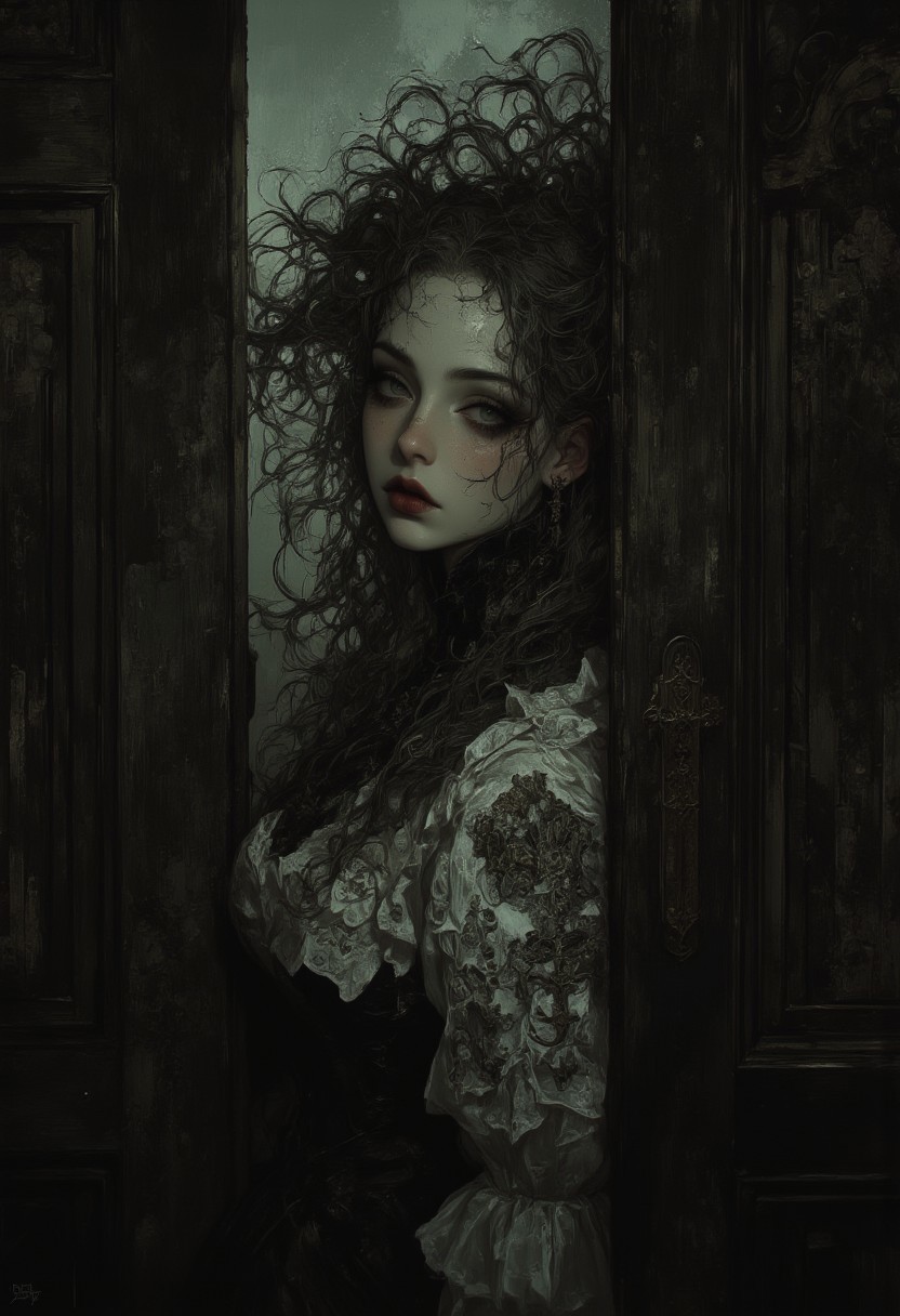Create an intricately detailed, hyper-realistic head-and-shoulders portrait of an aging, cracked Victorian-era porcelain and paper-mâché doll. She is small in stature, no bigger than a small child and peers around the edge of a dark wooden doorway, her delicate porcelain fingers barely visible as they grip the frame. A deep, jagged crack splits her forehead, and her glossy black void-like eyes lock onto the viewer with a sinister, knowing grin. A cold, unnatural glow from behind silhouettes her figure, casting an eerie halo around her wild, dust-matted curls. Her once-elegant Victorian gown, adorned with tattered lace and intricate embroidery, clings to her fragile frame, the frayed edges barely catching the dim light. The peeling wallpaper behind her reveals darkened wood panels, their surfaces warped with time. Wisps of dust swirl in the air, illuminated by the unsettling backlight, as faint whispers seem to emanate from the shadowed hallway beyond. The air is thick with haunting elegance, a perfect balance of beauty and creeping dread as she lingers in the doorway, watching… waiting.
