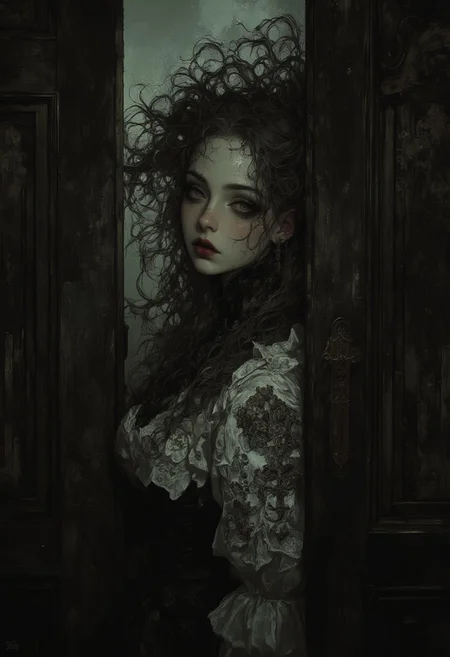 Create an intricately detailed, hyper-realistic head-and-shoulders portrait of an aging, cracked Victorian-era porcelain and paper-mâché doll. She is small in stature, no bigger than a small child and peers around the edge of a dark wooden doorway, her delicate porcelain fingers barely visible as they grip the frame. A deep, jagged crack splits her forehead, and her glossy black void-like eyes lock onto the viewer with a sinister, knowing grin. A cold, unnatural glow from behind silhouettes her figure, casting an eerie halo around her wild, dust-matted curls. Her once-elegant Victorian gown, adorned with tattered lace and intricate embroidery, clings to her fragile frame, the frayed edges barely catching the dim light. The peeling wallpaper behind her reveals darkened wood panels, their surfaces warped with time. Wisps of dust swirl in the air, illuminated by the unsettling backlight, as faint whispers seem to emanate from the shadowed hallway beyond. The air is thick with haunting elegance, a perfect balance of beauty and creeping dread as she lingers in the doorway, watching… waiting.