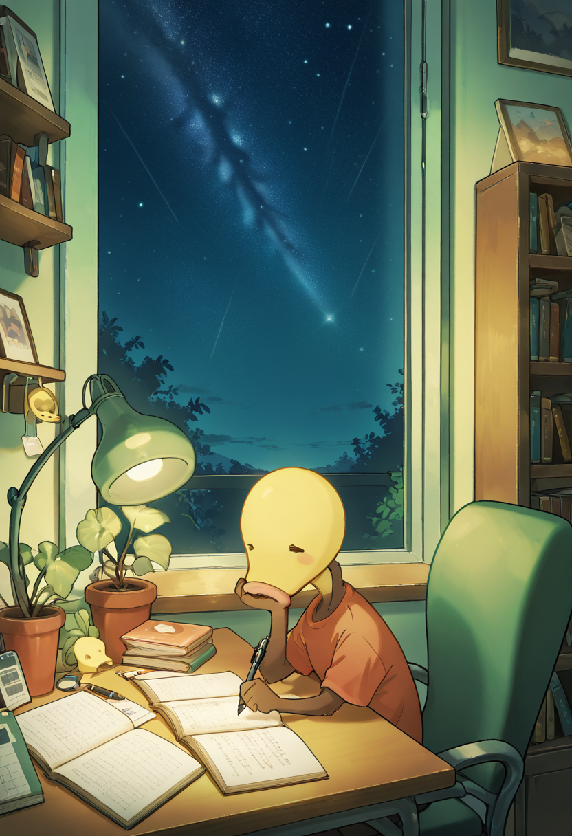 masterpiece, best quality, no humans,   ,<lora:BellsproutPokedex_IXL:1.0>,   zzBellsprout,   zzLofi, sitting, side view, desk, chair, book, bookshelf, head rest, holding, holding pen, lamp, night, open book, pen, plant, potted plant, sky, star (sky), starry sky, window, windowsill, writing, <lora:LofiGirl_Style_IXL:0.8>,