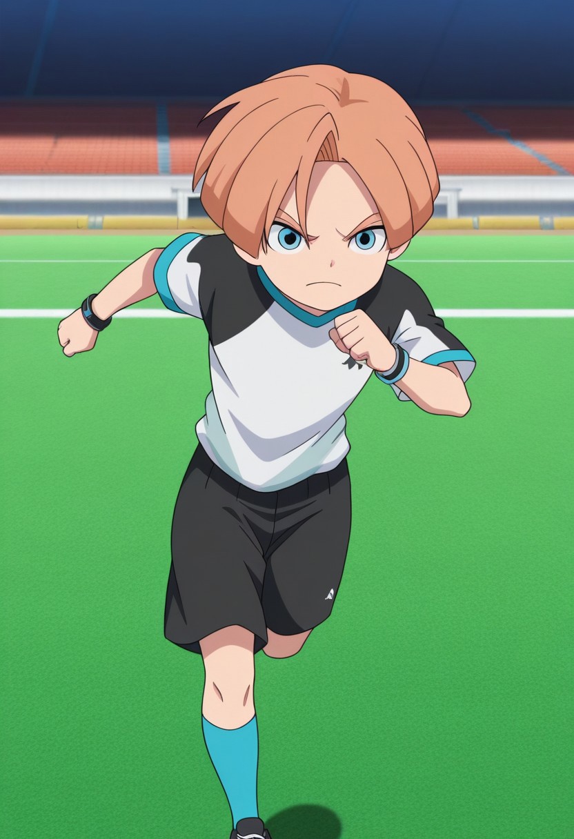 masterpiece,best quality,amazing quality, source_anime,
malikkuabel, 1boy, male focus, solo, blue eyes, orange hair, orion trainee soccer uniform, white shirt, short sleeves, bracelet, shorts, black shorts, socks, light blue socks, shoes, sneakers, soccer,
outdoor, stadium, grass,