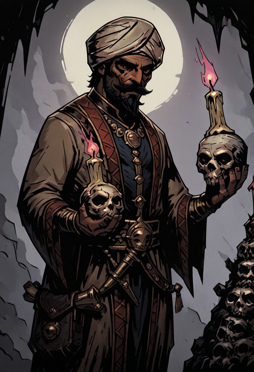 masterpiece, best quality, newest, absurdres, highres, TTCSV1.0,
1boy, DDOCC-V1.1, turban, headgear, facial hair, mustache, short hair, beard, arabian, arabian male, holding, candle, skull,