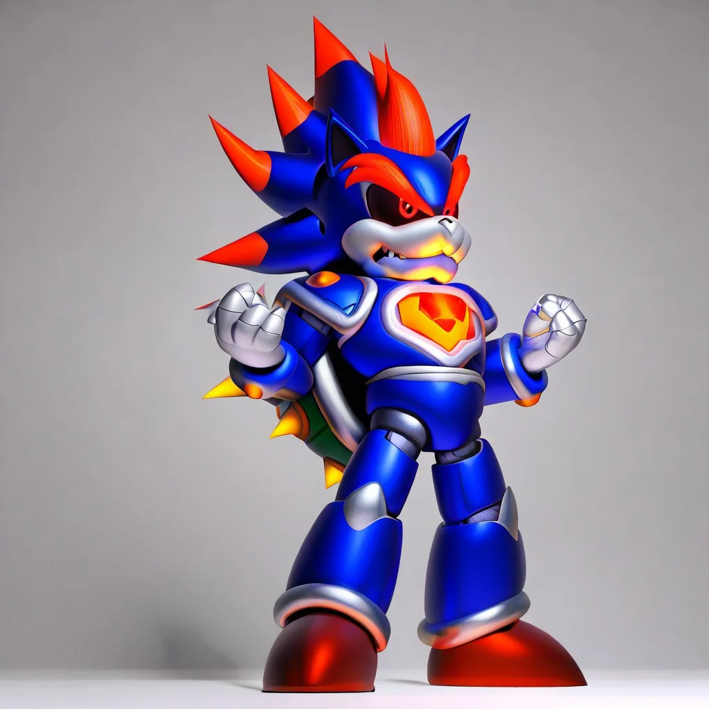 Metallix, red glowing eyes, robot, glowing red energy core, blue metal skin, black sclera, pointy metal nose, red shoes, clenched hands, red orbs on its forearms, white details on its edges, white spikes on its head, thruster on its back, solo, , Bowser, Spiked Bracelets, Spiked Collar , Spiky Shell