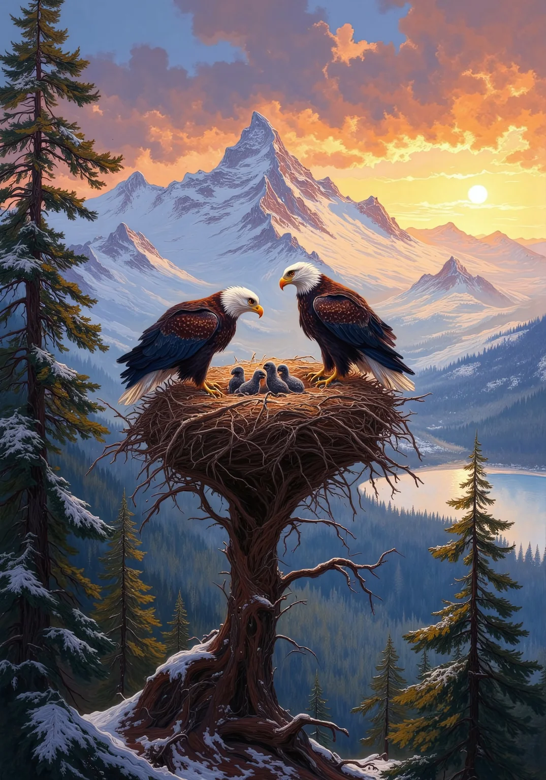 Painterly brushstrokes, Intricate linework with expressive contrasts, low-key lighting with cool shadows and warm dynamic highlights. Concept art painting. Two majestic bald eagles tending to their nest, perched high in a towering pine tree in a rugged California mountain range. The massive nest, woven from branches and lined with soft down, cradles three tiny, newly hatched chicks, their fluffy grey feathers barely visible against the warm nest interior. The adult eagles, their sharp eyes watchful and their powerful talons gripping the sturdy branches, exude both strength and devotion. The golden light of the setting sun filters through the snow-dusted mountain air, casting a warm glow over the nest and illuminating the distant peaks. The surrounding snowy forest is dense with evergreen trees, their dark green needles contrasting with the soft hues of the twilight sky. A lake sits in the background of the awe-inspiring scene. Ultra-detailed, cinematic composition, breathtaking natural beauty, 8K resolution, wildlife, painterly textures, In the style of ff-td, DB4RZ, DB4RZ style painting