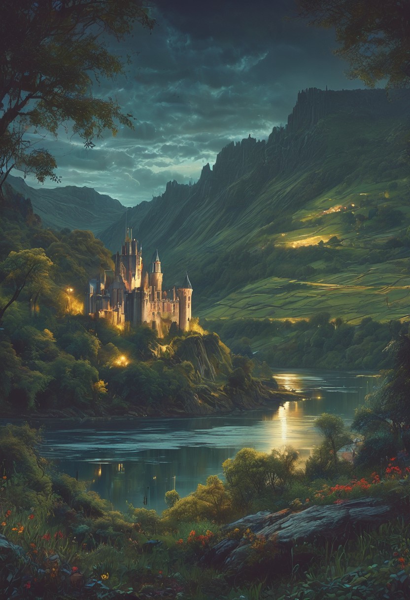 A captivating night scene illustration featuring a beautiful castle on a large  hill overlooking a lake in Wales.   The castle is ancient but well maintained and updated and comfortable to live in.  This enchanting artwork captures a serene and peaceful early morning, where the sun is just starting to rise over the beautiful hills and castle which   stands resolute amidst hills of Wales, creating a cinematic experience., illustration, cinematic
<lora:DonM3t3rn1tyXL-v1.1:0.7>, DonM3t3rn1tyXL,
OverallDetailXL  <lora:MJ52:0.3>  <lora:SDXLFaeTastic2400:0.4>  <lora:EpicF4nta5yXL:0.7>