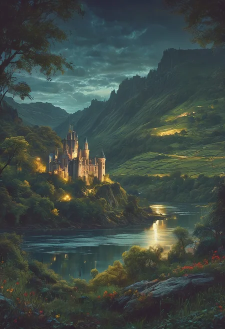 A captivating night scene illustration featuring a beautiful castle on a large  hill overlooking a lake in Wales.   The castle is ancient but well maintained and updated and comfortable to live in.  This enchanting artwork captures a serene and peaceful early morning, where the sun is just starting to rise over the beautiful hills and castle which   stands resolute amidst hills of Wales, creating a cinematic experience., illustration, cinematic
<lora:DonM3t3rn1tyXL-v1.1:0.7>, DonM3t3rn1tyXL,
OverallDetailXL  <lora:MJ52:0.3>  <lora:SDXLFaeTastic2400:0.4>  <lora:EpicF4nta5yXL:0.7>