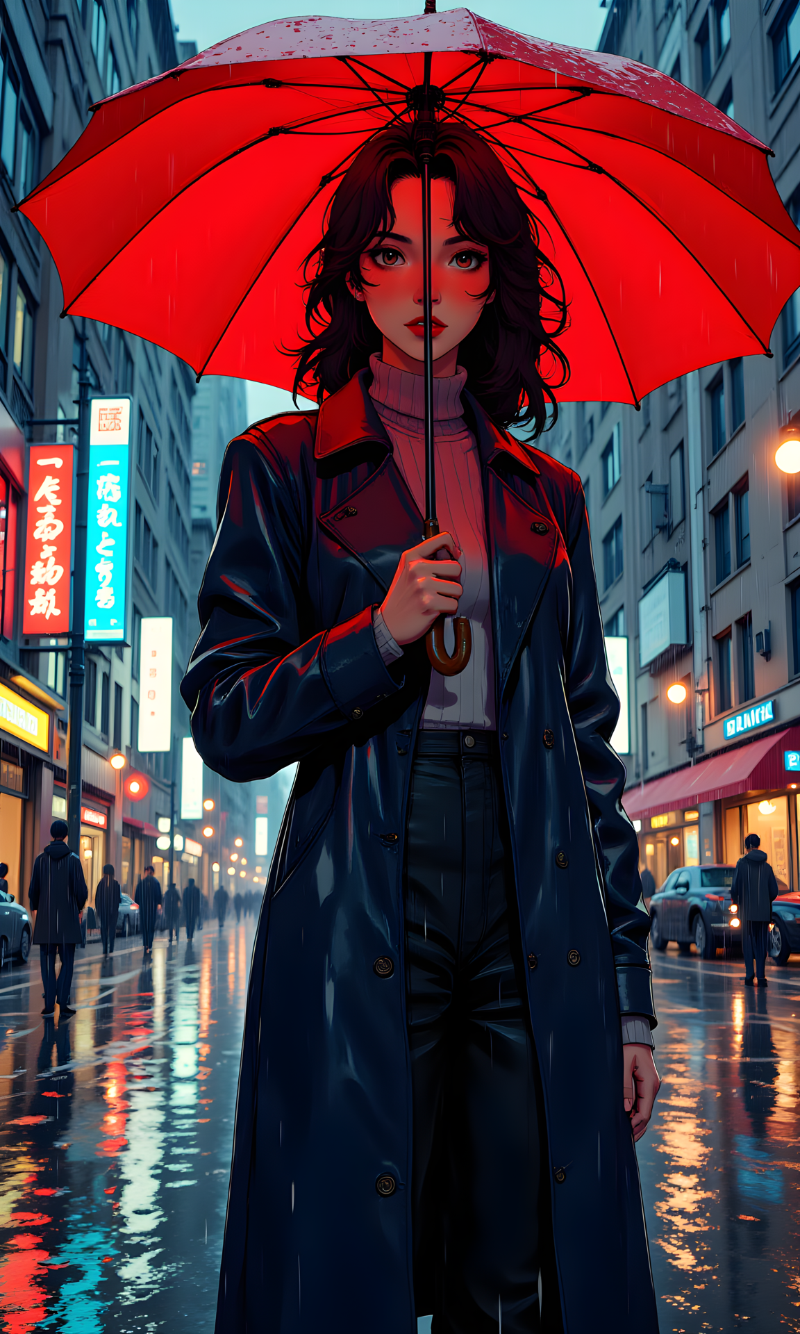 A woman standing in the rain, holding a large red umbrella. She has long, dark hair that is slightly tousled by the wind. Her expression is contemplative and serene, with a hint of melancholy. She is dressed in a stylish, long navy leather coat over a knitted sweater, which adds to her elegant and sophisticated appearance.
Her facial expression is calm and introspective. She appears to be lost in thought, with a slight tilt of her head and a soft gaze. Her lips are painted a deep red, which contrasts with the muted tones of the background and her clothing, drawing attention to her face.
She is standing upright, holding the umbrella with both hands. The umbrella is positioned above her head, shielding her from the rain. Her posture is relaxed yet poised, with her shoulders slightly hunched as if she is bracing against the weather. Her body language conveys a sense of quiet strength and resilience.
The woman is wearing a long, navy leather coat that reaches her knees. The coat is sleek and modern, with a high collar and large buttons. Underneath the coat, she is wearing a knitted sweater, which adds a touch of warmth and comfort to her outfit. The combination of the leather coat and the sweater creates a balanced and fashionable look.
The camera is positioned at eye level, capturing the woman from a frontal perspective. This angle allows for a direct and intimate view of her face and upper body. The framing is tight, focusing primarily on her and the immediate surroundings.
The lighting in the image is soft and diffused, likely from natural light on an overcast day. The light is even and gentle, casting subtle shadows that add depth and texture to the scene. The wet pavement reflects the light, creating a shimmering effect that enhances the overall mood. The contrast between the dark umbrella and the lighter background adds visual interest and draws attention to the subject.
The lighting in the image is soft and diffused, likely from streetlights and building lights. The wet pavement reflects the light, creating a shimmering effect that adds to the overall mood. The shadows are long and deep, adding depth and texture to the scene. The contrast between the bright lights and the dark shadows enhances the dramatic and atmospheric quality of the image. 
The background features tall, modern buildings with illuminated signs and windows. The buildings create a sense of enclosure and density, emphasizing the urban setting. The wet pavement reflects the lights from the buildings, adding a layer of visual interest and enhancing the overall ambiance. In the distance, there is a faint glow of more lights, suggesting a bustling city beyond the immediate scene. 
The composition is well-balanced and harmonious, with the woman centered in the frame. The lines of the umbrella and the direction of her gaze guide the viewer's eye through the image, creating a sense of movement and interaction. The lines of the buildings guide the viewer's eye through the image, creating a sense of movement and interaction. The use of the wet pavement and the reflections adds a layer of visual interest and enhances the overall impact of the image. The overall effect is one of quiet beauty and timeless elegance, capturing a moment of solitude and reflection in the heart of a bustling city. 
The overall effect is one of quiet beauty and timeless elegance, capturing a moment of solitude and reflection in the rain.
BREAK j_art, anime art, <lora:FLUX\jul\J_Anime:1.0>, <lora:FLUX\RetroAnimeS1.1:0.1>, <lora:FLUX\GLSHS:0.1>, <lora:FLUX\Dieselpunk Delight - s0_9 g4:0.1>, <lora:FLUX\Anime Art V3:0.1>