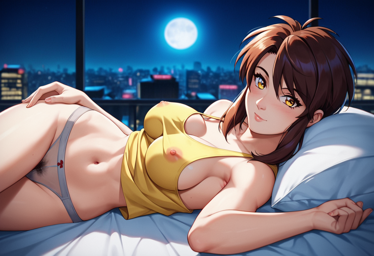 score_9, score_8_up, score_7_up, score_6_up, rating_explicit, contrast of cool dark background with warm bright foreground, full color, night, city light, volumetric moonlight, depth of field
neo-tokyo Aesthetic, modern bedroom Aesthetic, Blurry Background, cyber city view, stary night, full moon, light rays, beautiful natural lighting, glow, light,
<lora:Priss Asagiri _ Bubblegum Crisis Tokyo 2040_epoch_10:1>, Priss, retro artstyle, oversize yellow tank top, open shirt, grey underwear,
{petite body, athletic body, medium breasts, perfect round firm tits, medium round perfect tits, (medium Breasts:0.8), long legs, perfect anatomy, perfect face, perfect nose, detailed eyes, beautiful eyes, perfect eyes, perfect breasts, anatomically correct hands:1.3},
cute, side view, from side,
lying in bed, posing, nipple slip, exposed breast, 1breast out of shirt, see through panties, (pubic hair:1.3), white pillows, white sheets, Tokyo cityscape, city lights, nsfw