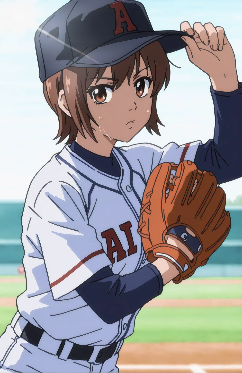 WakanaAotsuki. 1girl, brown hair, short hair, brown eyes, baseball cap, black cap, sportswear, baseball uniform, pants, baseball mitt, standing on baseball field, frotn view, looking at viewer, sweat, day, sun, hand on cap