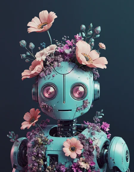 novuschroma style cute robot with flowers floral decay <lora:104_novuschroma_1:1>