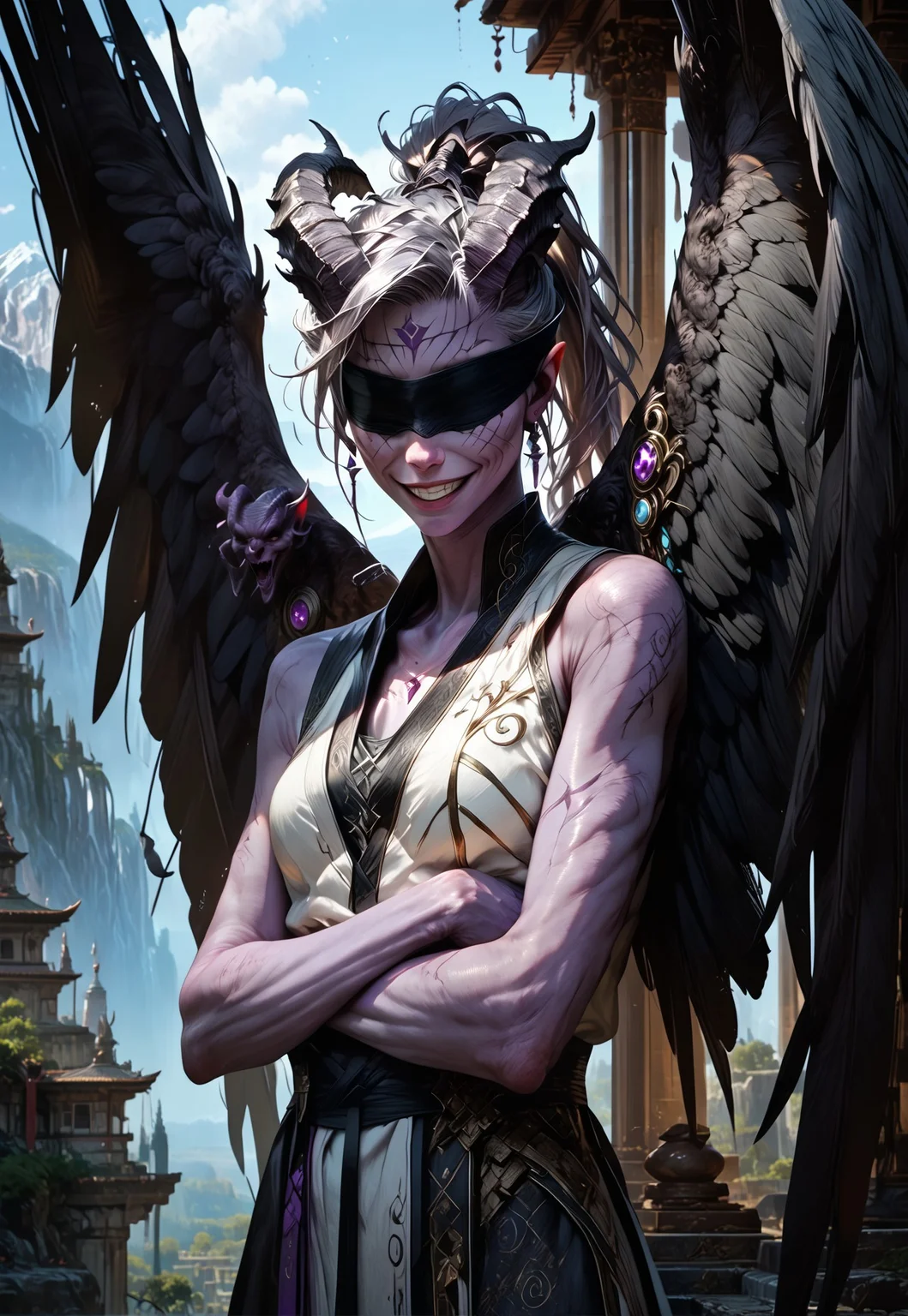 (absurdres, best quality, masterpiece:1.4), 
score_9, score_8_up, score_7_up, score_6_up, 
detailed, 
detailed body, 
detailed face, 
(((smooth skin, unbroken skin, detailed skin))), 
fantasy, 
alone, 

female, 
tiefling, 
h0rns, 
ram horns, 
black horns, 
tall, 
((((purple skin)))), 
((long grey hair, ponytail)), 
(((wingsd, black wings))),

crossed arms, arms across stomach, 
soft smile,

(white robe, sleeveless, 
blindfold, black cloth blindfold), 

depth of field, 
outdoors, 
mountain temple, 
upper body