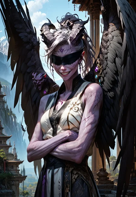 (absurdres, best quality, masterpiece:1.4),
score_9, score_8_up, score_7_up, score_6_up,
detailed,
detailed body,
detailed face,
(((smooth skin, unbroken skin, detailed skin))),
fantasy,
alone,
female,
tiefling,
h0rns,
ram horns,
black horns,
tall,
((((purple skin)))),
((long grey hair, ponytail)),
(((wingsd, black wings))),
crossed arms, arms across stomach,
soft smile,
(white robe, sleeveless,
blindfold, black cloth blindfold),
depth of field,
outdoors,
mountain temple,
upper body