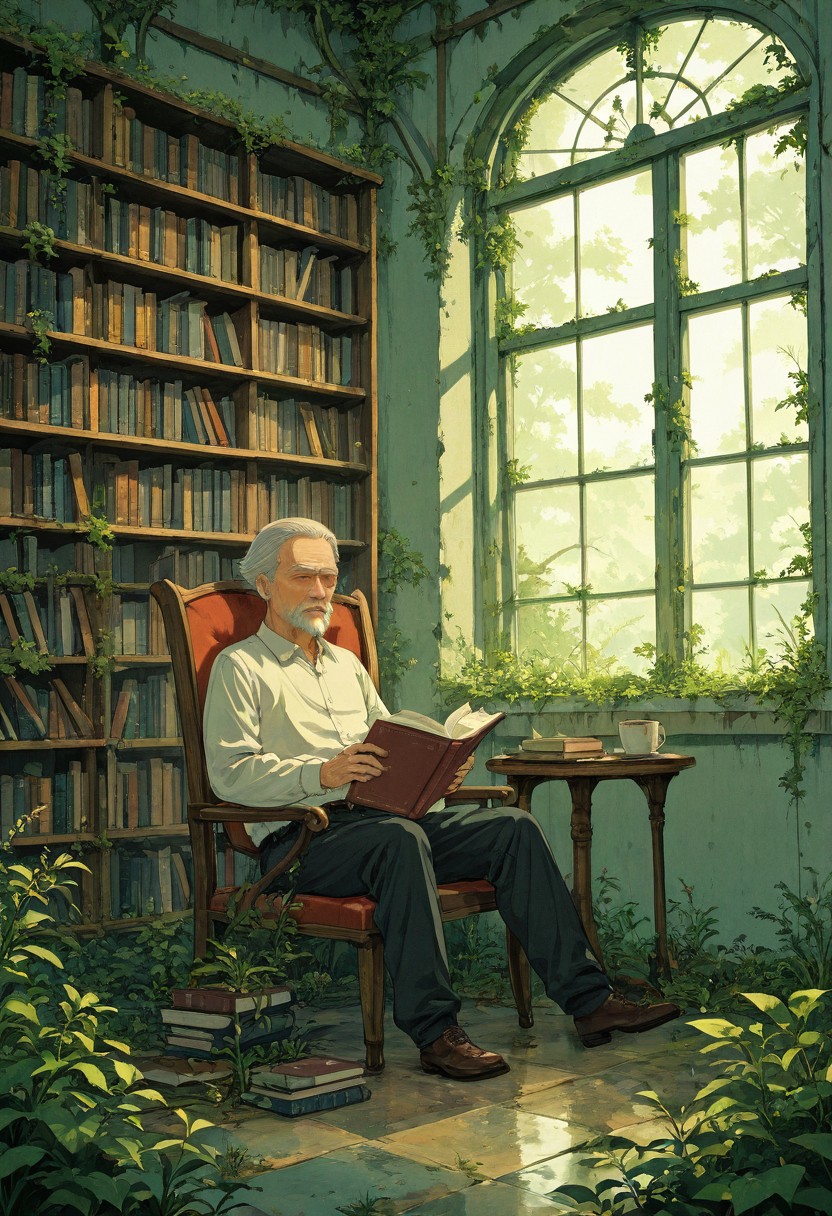 OLD MAN IN A OVERGROWN LIBRARY; Ethereal Brushstroke. detailed face, reading a book