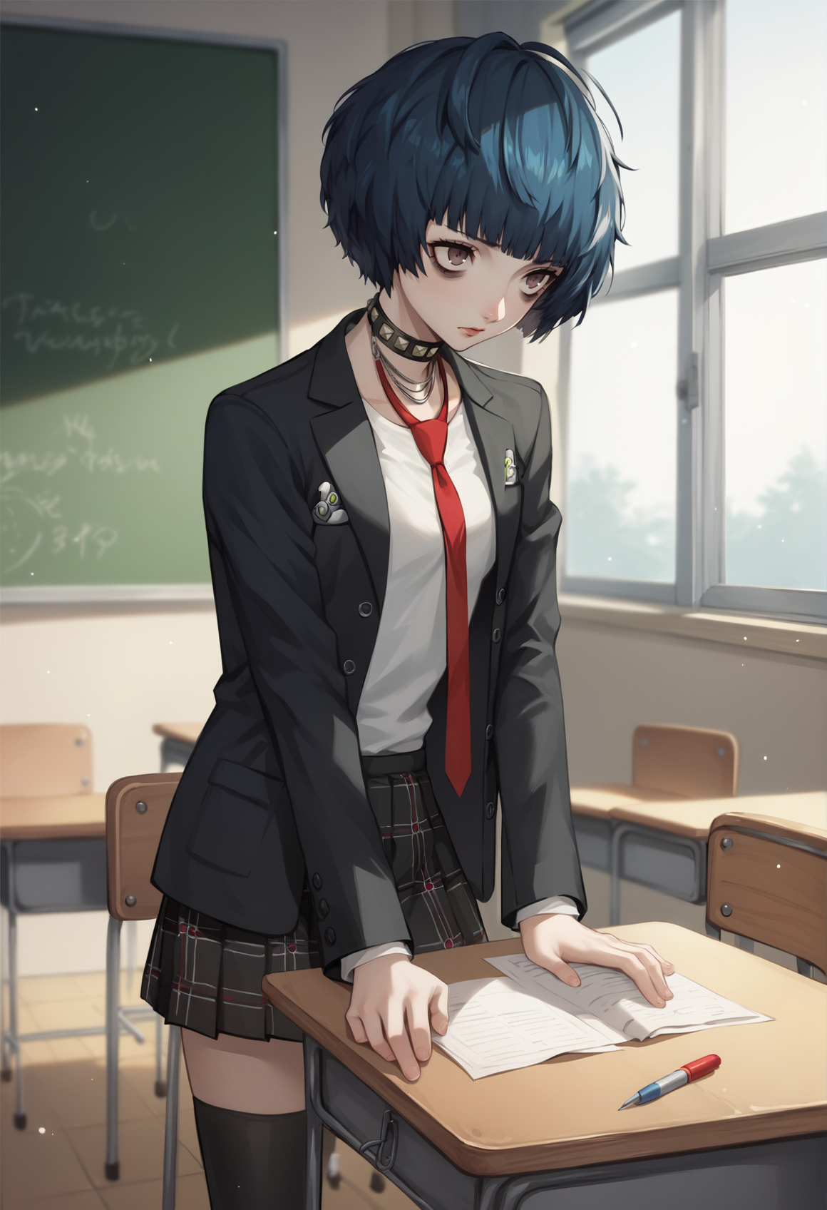 persona, persona5, shuujin academy school uniform, school uniform, black blazer, white shirt, red necktie, loose necktie, takemicasualp5, short hair, bob cut, black hair, blue hair, choker, bags under eyes, piercing, asymmetrical legwear, indoors, classroom <lora:zs_TakemiXL persona 5:1>, score_9, score_8_up, score_7_up, score_6_up, score_5_up, score_4_up, BREAK source_anime, masterpiece