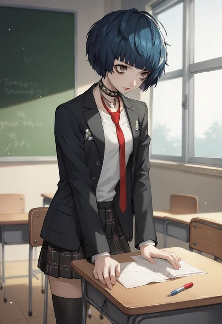 persona, persona5, shuujin academy school uniform, school uniform, black blazer, white shirt, red necktie, loose necktie, takemicasualp5, short hair, bob cut, black hair, blue hair, choker, bags under eyes, piercing, asymmetrical legwear, indoors, classroom <lora:zs_TakemiXL persona 5:1>, score_9, score_8_up, score_7_up, score_6_up, score_5_up, score_4_up, BREAK source_anime, masterpiece