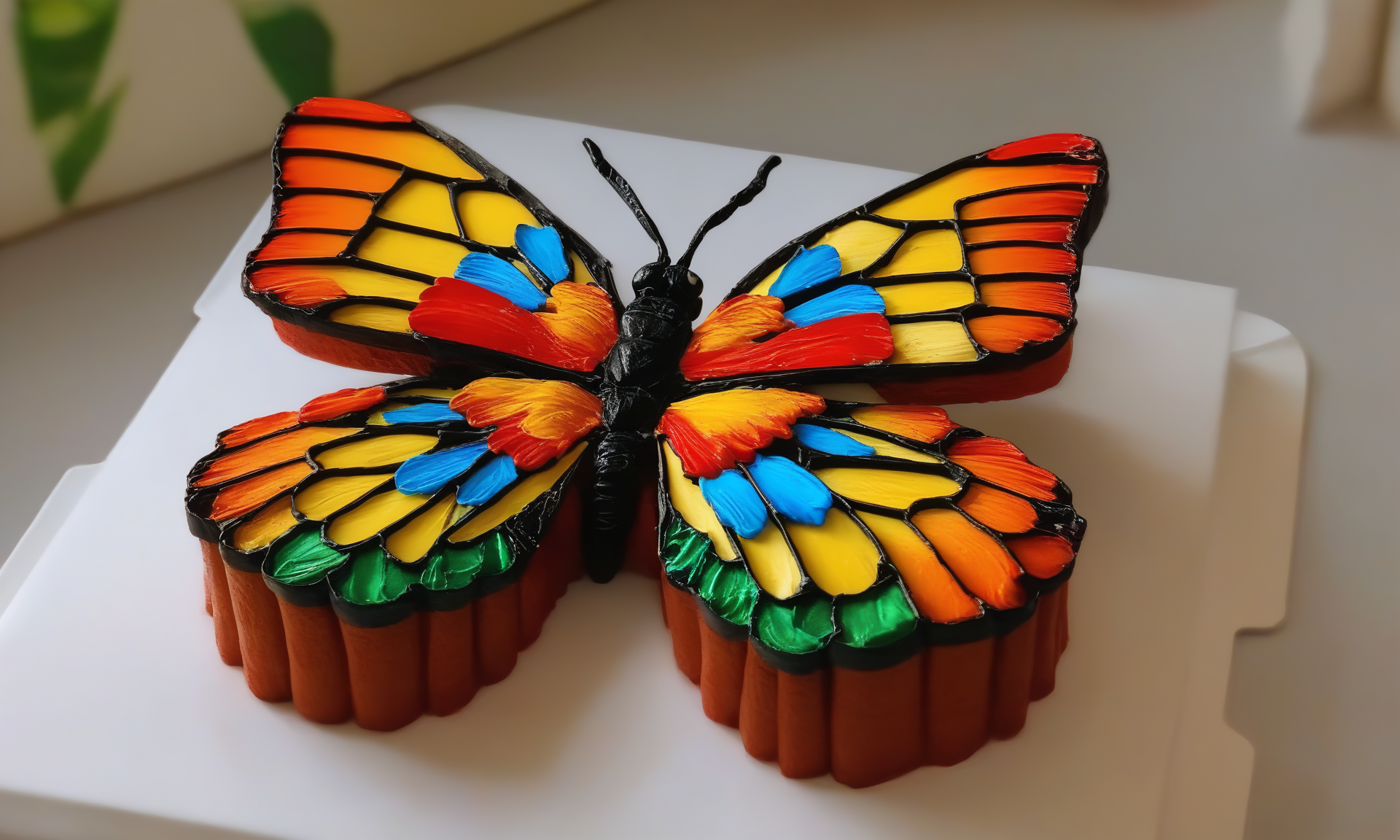 <lora:cakecd_xl-000005:0.8>,a single tiered cakecd_xl shaped like a colorful butterfly was placed on the table,simple background,fine art,detailed,indoors,chinese zodiac,tilt-shift,miniature,cute and lovely,still life,from front,looking at viewer,no humans, emotional,harmonious,high budget,moody,epic,gorgeous,perfect lighting,realistic,photorealistic,photographic,photo (medium),real,moody lighting,volumetric lighting,reality ray tracing,8K,HDR,UHD,masterpiece,best quality,highly detailed,high resolution,finely detail,extremely detailed,ultra detailed,wallpaper