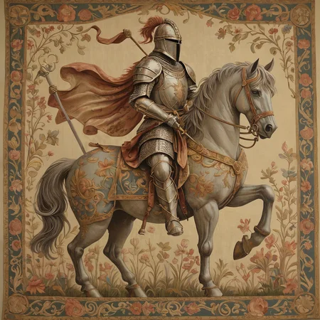 award winning photo,
The ancient art of tapestry depicting a mythical knight in 3d, muted pastel colors, beautiful and detailed,