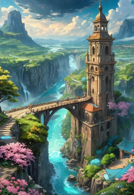 oil matte art, calm relaxing scenery, beautiful anime landscape, river, huge bridge, ornamented bridge, beautiful digital art, DarkFantasy, bright cyan glow, panoramic view, rain, wet, huge wall, on the mountain cliff, detailed rocky cliffs, detailed clouds, fisheye lense, flower field, crystal clear, dark clouds in the background, busy clouds, belltower, bokeh, OverallDetail, depth of field, detailed art, expressionism,
extremely detailed, UHD,(long exposure )