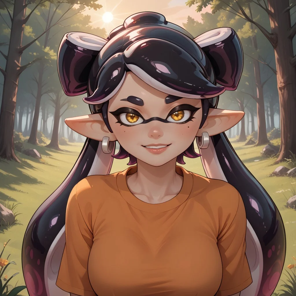 score_9, score_8, BREAK, solo, Callie_(Splatoon), 1girl, solo, black hair, mole, mole under eye, pointy ears, long hair, yellow eyes, tentacle hair, breasts, parted lips, sexy pose, self portrait, smile, looking at viewer, outdoors, sunlight, shadows, evening lighting, natural lighting, forest, trees, grass, orange sky, sunset