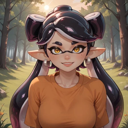score_9, score_8, BREAK, solo, Callie_(Splatoon), 1girl, solo, black hair, mole, mole under eye, pointy ears, long hair, yellow eyes, tentacle hair, breasts, parted lips, sexy pose, self portrait, smile, looking at viewer, outdoors, sunlight, shadows, evening lighting, natural lighting, forest, trees, grass, orange sky, sunset
