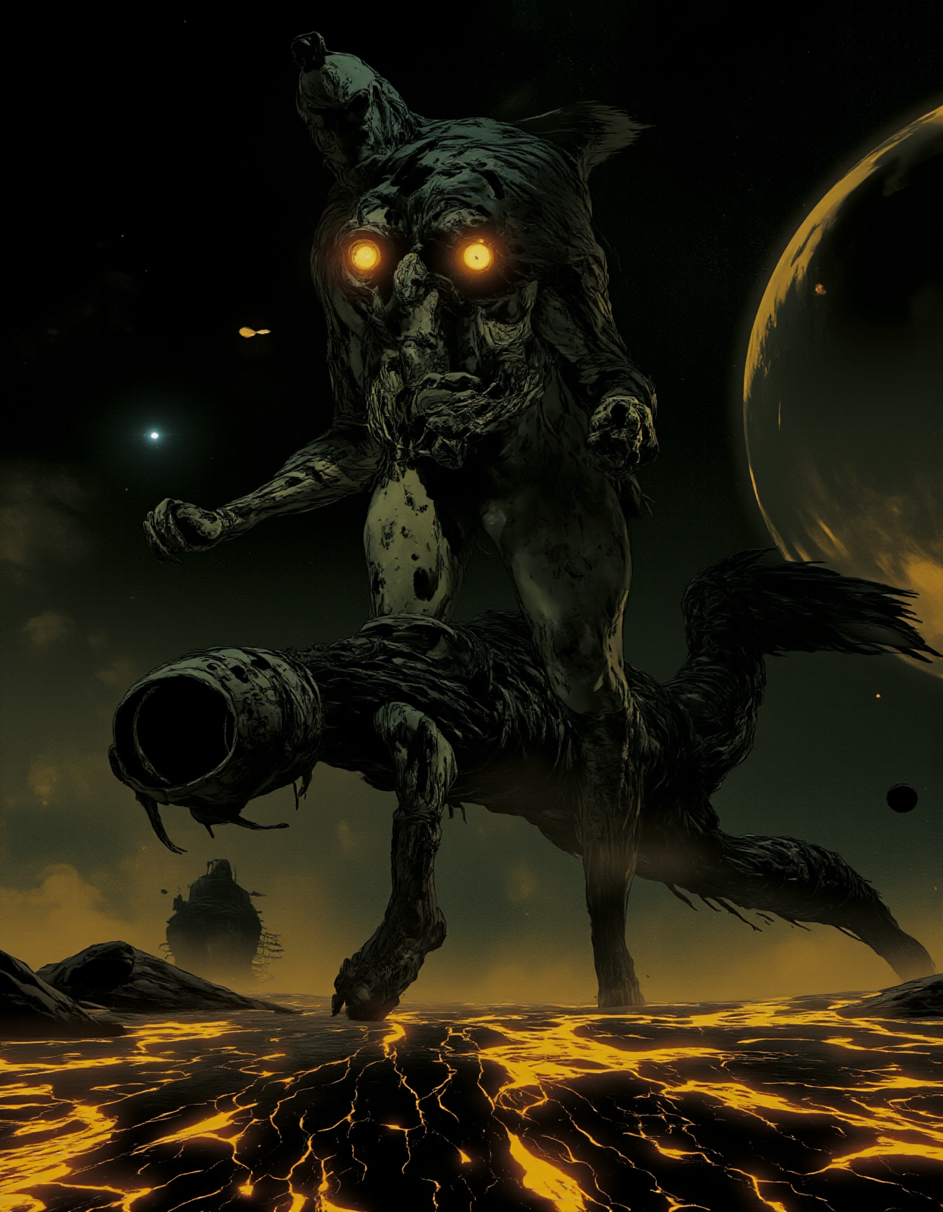 dark sci-fi picture,space horror,space odyssey,, faded colors, masterpiece, best quality, 8k, hyper detailed, best quality, ultra high res, high resolution, detailed, raw, Hollywood Cinematic Film style,epic photography,dramatic light,Kodak film style,,DarkAtmosCE style,,Blade Runner style,,anime style,<lora:Luminous_Shadowscape:0.6>,<lora:Hollywood Cinematic Film style v1:1>,<lora:DarkAtmospheric:0.6>,<lora:Blade Runner style v1:1>,<lora:anime style (Tales of black freighter) v1:1>, a skeleton like creature with a large black head and arms and legs,with a large black head and tail,Eva Frankfurther,iris van herpen,cyberpunk art,plasticien,