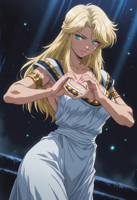FatimavonVinlandTF, 1girl, solo, blonde hair, long hair, bangs, blue eyes, blonde eyebrows, full lips, pink lipstick, makeup, cleavage, large breast,round breast, long dress, dress ornament, collarbone, white sash, armlet, backless dress, white dress,
,seductive pose, sexy pose, tease,
masterpiece, best quality, fine details, intricate details, depth of field, subsurface scattering, bokeh,
ultra-detailed, very aesthetic, detailed background, newest, scenery, highres, absurdres, colorful, vibrant, glowing, perfect face, 2d, perfect eyes, vibrant saturated colors, volumetric lighting, sharp, detailed eyes, perfect anatomy, perfect face, perfect eyes, mature body, clear eyes, beautiful eyes, athletic, curvy body, athletic girl, perky tits, perfect tits, round breasts, pinup pose, teasing, lustful expression, perfect hands,
muscular female, dutch angle,
heart hands, hearts, smile,
,Smooth Negative, Smooth_Quality,
90s_anime_aesthetic, 1990s (style), retro, retro artstyle,dark_fantasy_style, dark fantasy, retro,