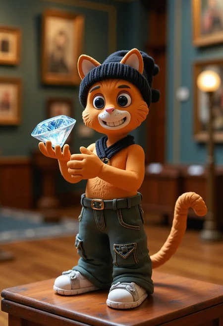 a claymation animation of an orange cat wearing baggy distressed street clothes standing on its hind legs with a black knitted cap over its face with eyes and mouth holes cut out, holding the hope diamond with a lightning buzz ⚡ glowing from within it, gasping startled by the sudden alarms of the museum, metal gates sliding down over the windows and exits, red flashing alarm lights from picking up the diamond from the smashed display case, masterpiece, all in focus