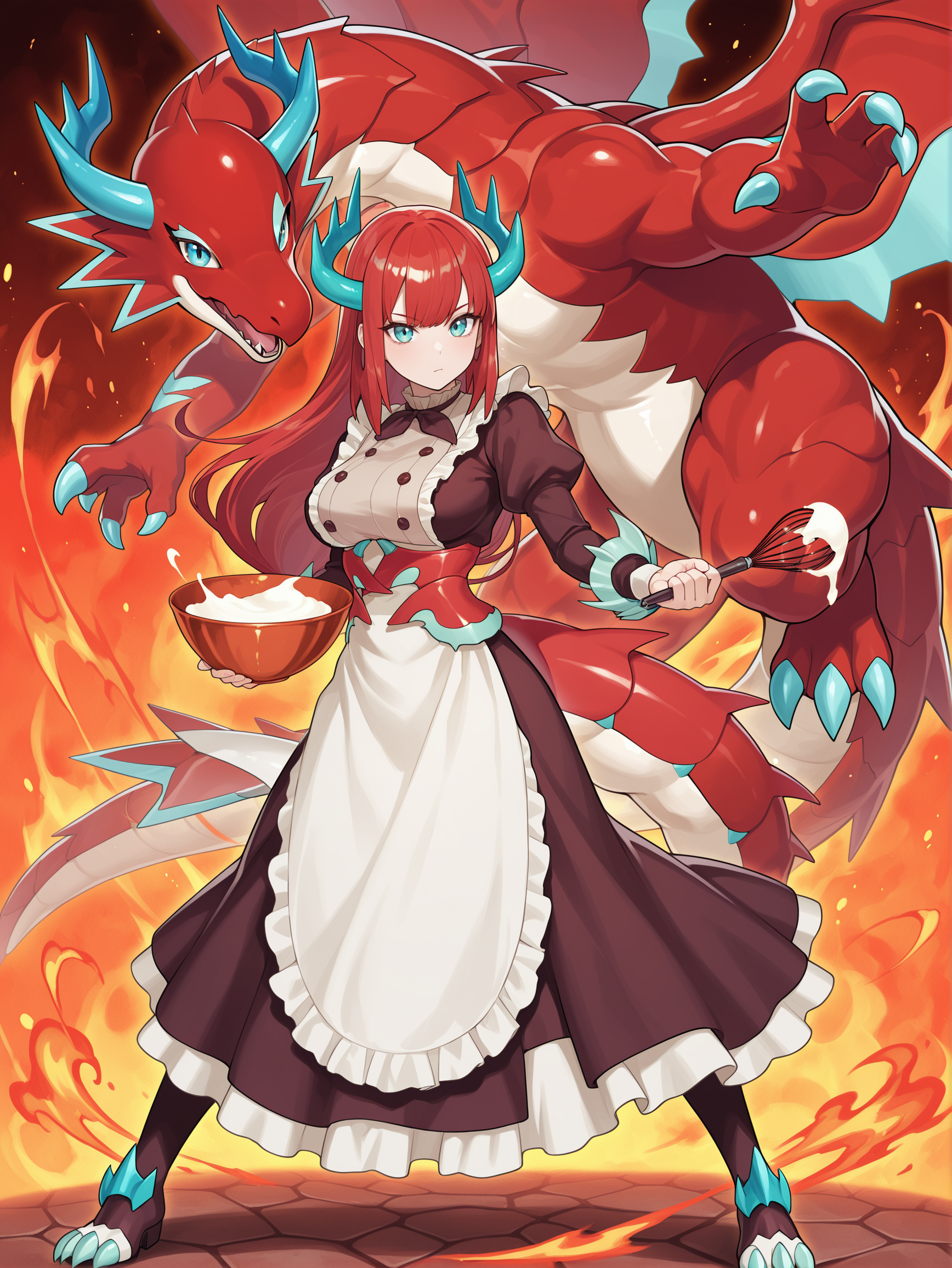 kitchen dragonmaid,fighting stance,1girl,fiery background,standing,flying,large breasts,brown maid clothes,brown claw boots,full body,claws,looking at viewer,1other,red dragon,dragonmaid tinkhec,bowl,whisk,holding whisk,holding bowl,
masterpiece,best quality,amazing quality,very aesthetic,absurdres,newest,<lora:kitchen dragonmaid illuXL v1.1:0.72>,