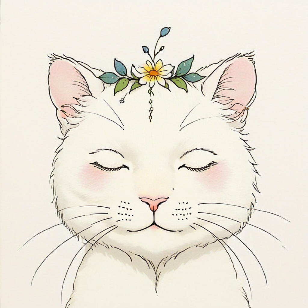 <lora:Delicate_WhimsySDXL:1> ArsMJStyle, Delicate Whimsy, The image shows a white cat with a flower crown on its head set against a white background., closed eyes, no humans, whiskers, facing viewer, traditional media, white background, animal focus, simple background, cat, ^_^